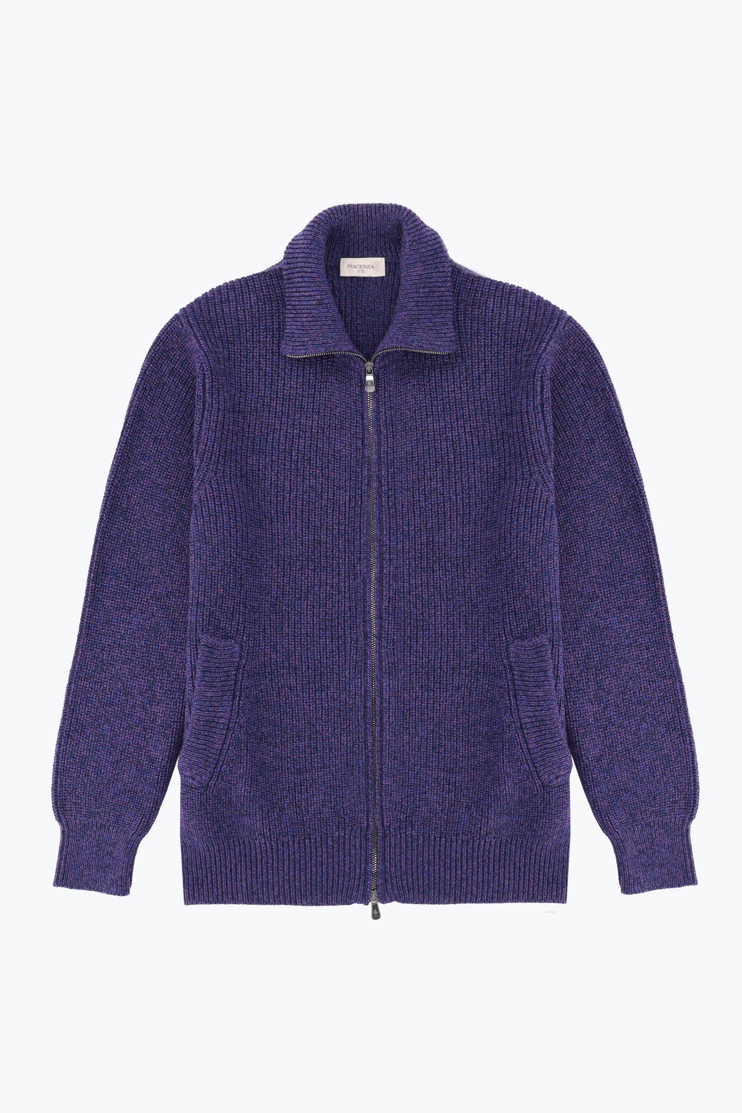 Cardigan zip in lana blu e viola