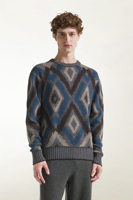 Maglione a rombi marrone e azzurro