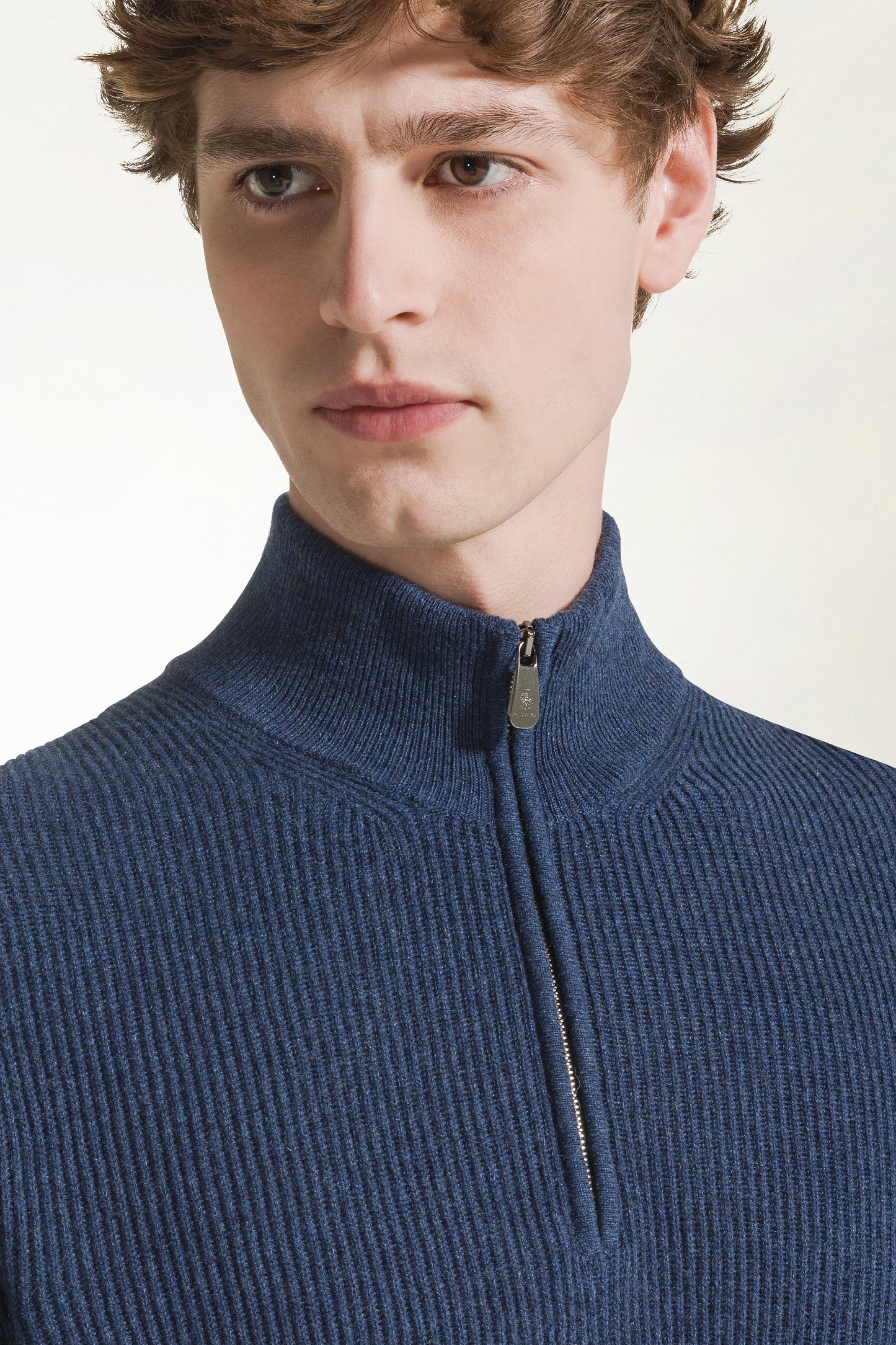 Zip-up turtleneck in air force blue cashmere