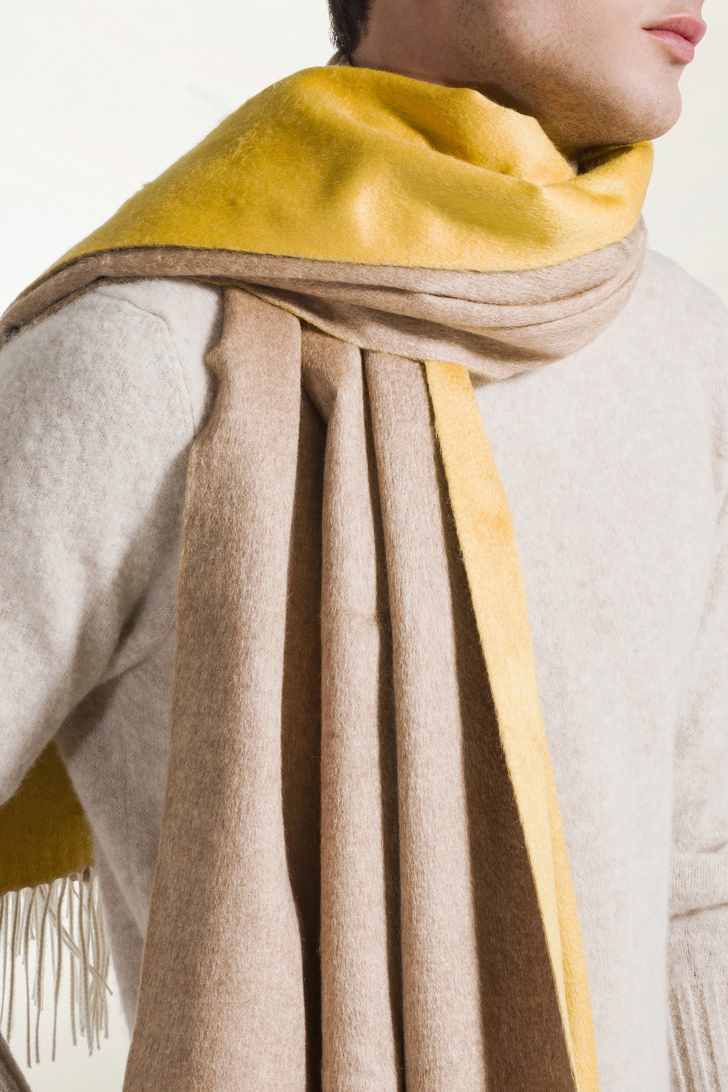 Double silk and cashmere stole in yellow and camel