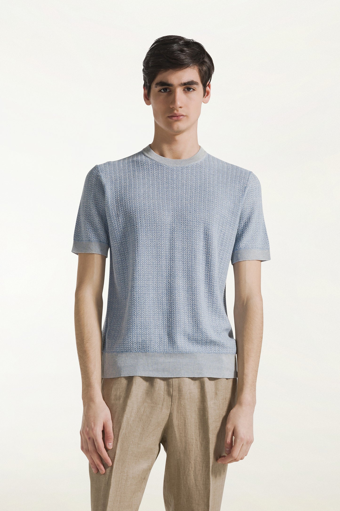 Light blue crew neck with short sleeves