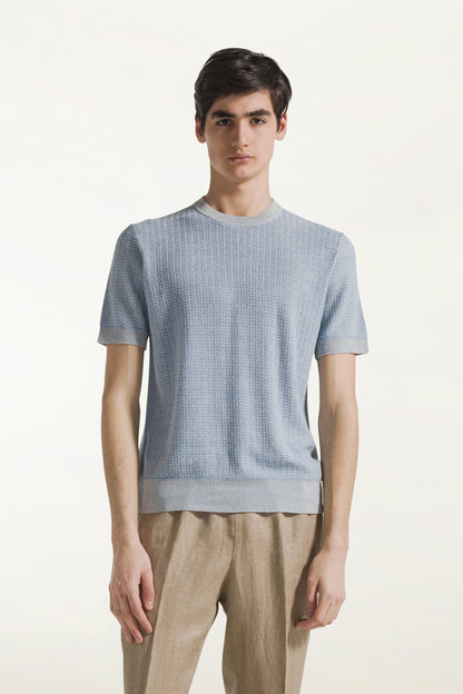 Light blue crew neck with short sleeves