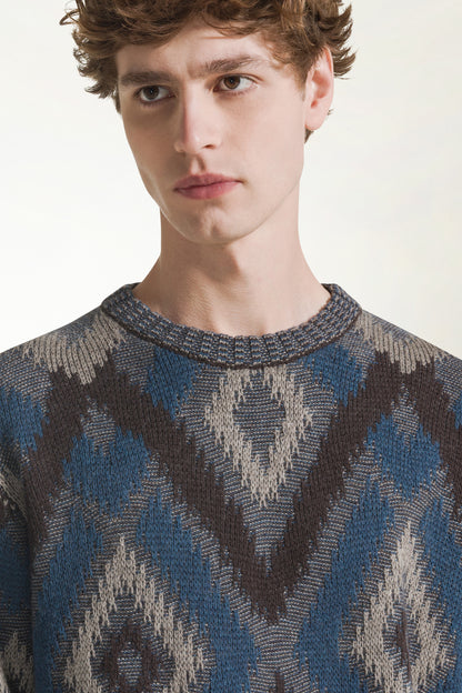 Maglione a rombi marrone e azzurro