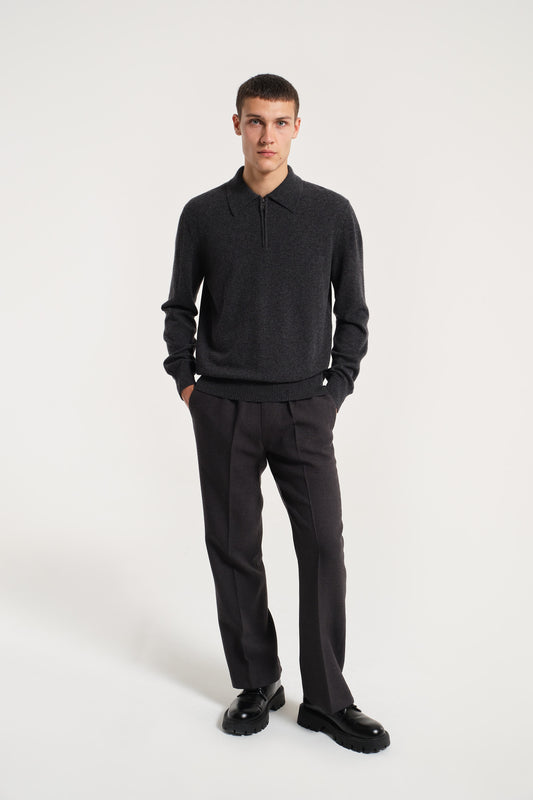 ZIP POLO SHIRT IN CHARCOAL CASHMERE