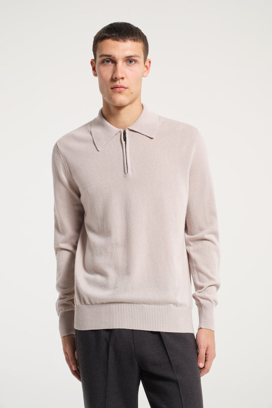 IVORY CASHMERE ZIP POLO SHIRT