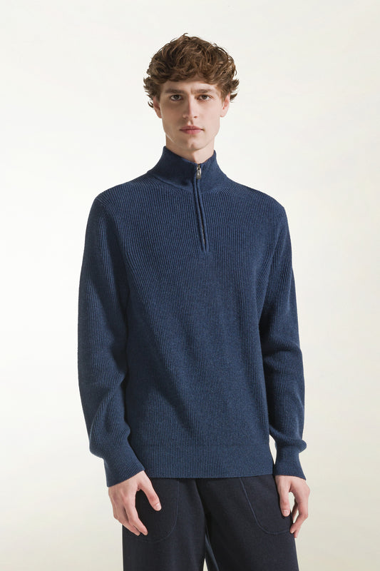 Zip-up turtleneck in air force blue cashmere