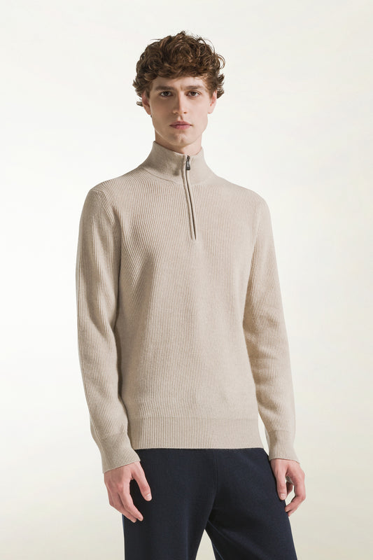 Natural cashmere zip-up turtleneck