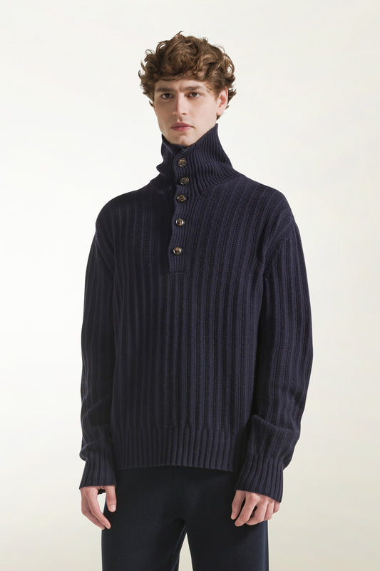 Blue turtleneck with buttons