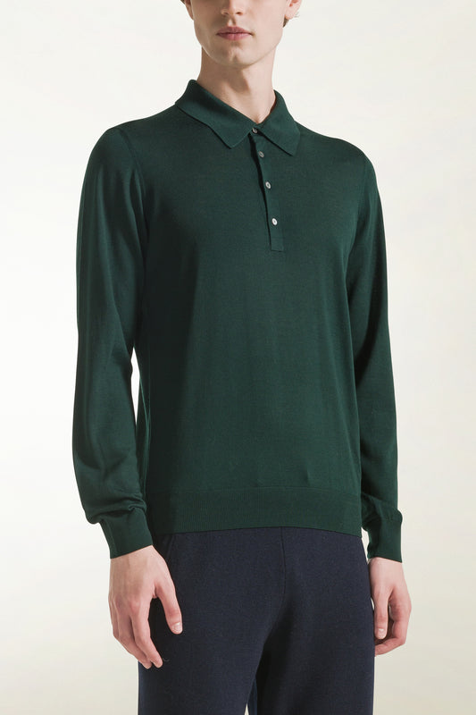 Lightweight dark green merino wool polo shirt - Men's Merino Wool Knitwear | PIACENZA 1733