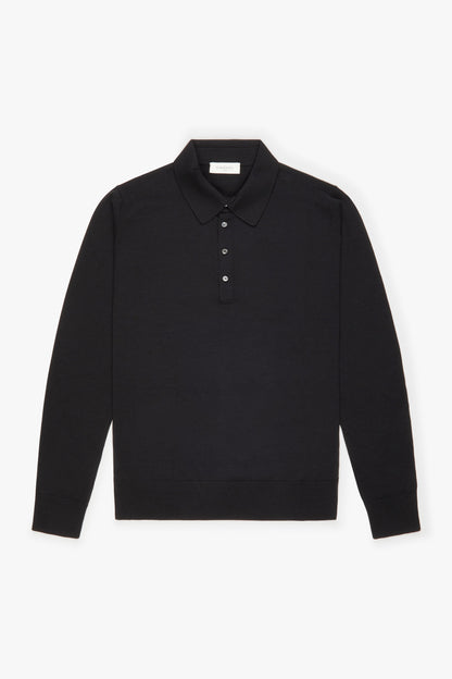 Super fine black merino wool polo shirt