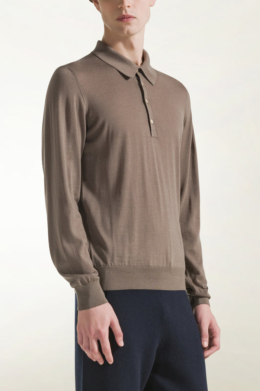 Lightweight polo shirt in hazelnut-colored merino wool - Men's Merino Wool Knitwear | PIACENZA 1733