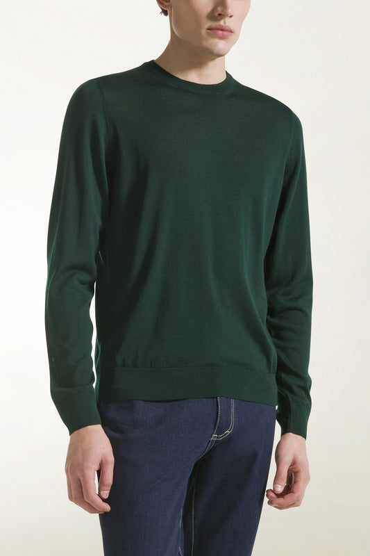 Girocollo leggero in lana merino colore verde scuro - Wool Quick Service | PIACENZA 1733