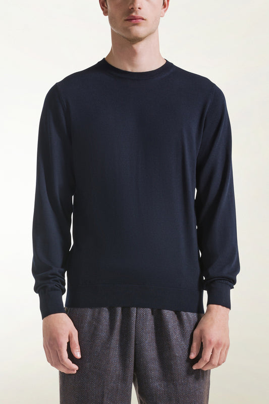 Lightweight crewneck sweater in dark blue merino wool | PIACENZA 1733