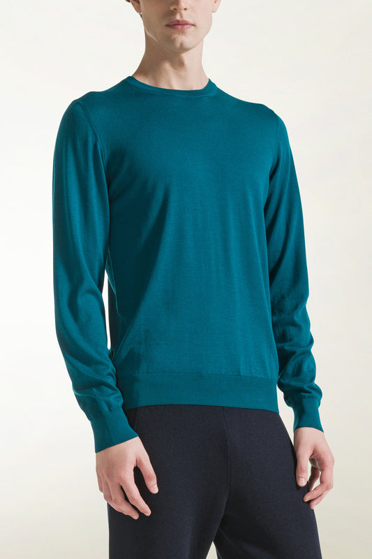 Girocollo leggero in lana merino colore verde petrolio - Wool Quick Service | PIACENZA 1733