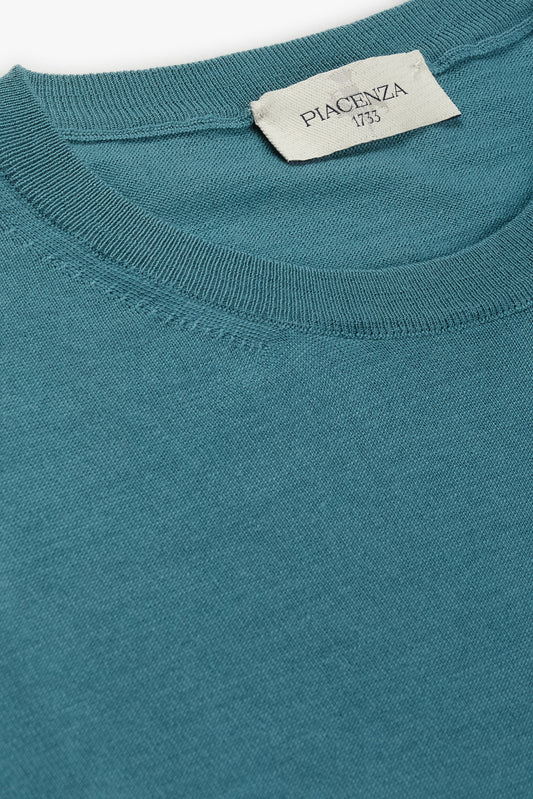 Lightweight crewneck sweater in petrol green merino wool - Men's Merino Wool Knitwear | PIACENZA 1733