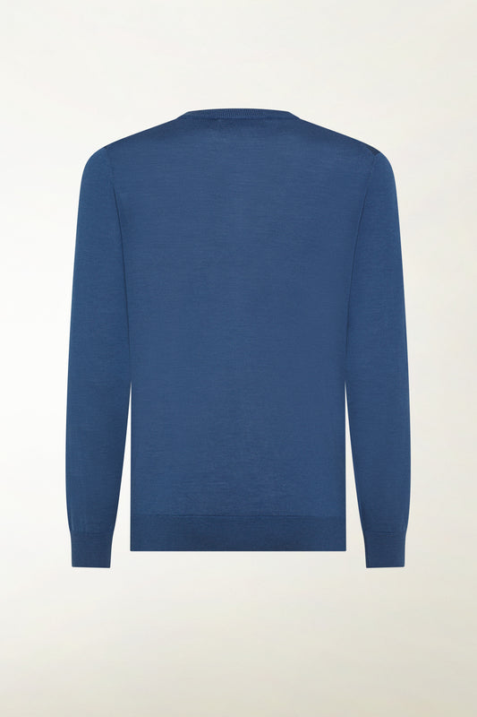 Lightweight V-neck in merino wool in jeans blue - Iconic | PIACENZA 1733