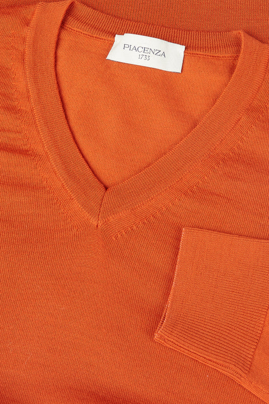 Lightweight V-neck sweater in orange merino wool - Iconic | PIACENZA 1733