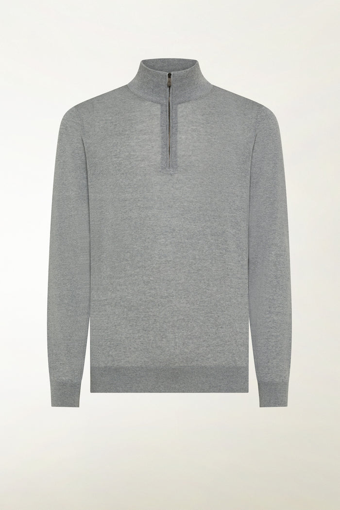 Lightweight zip-up turtleneck sweater in merino wool, grey