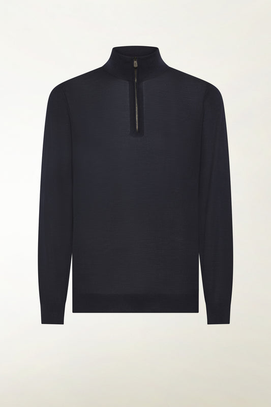 Lightweight zip-up turtleneck sweater in merino wool, blue