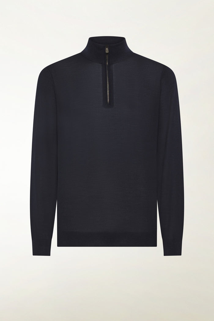 Lightweight zip-up turtleneck sweater in merino wool, blue