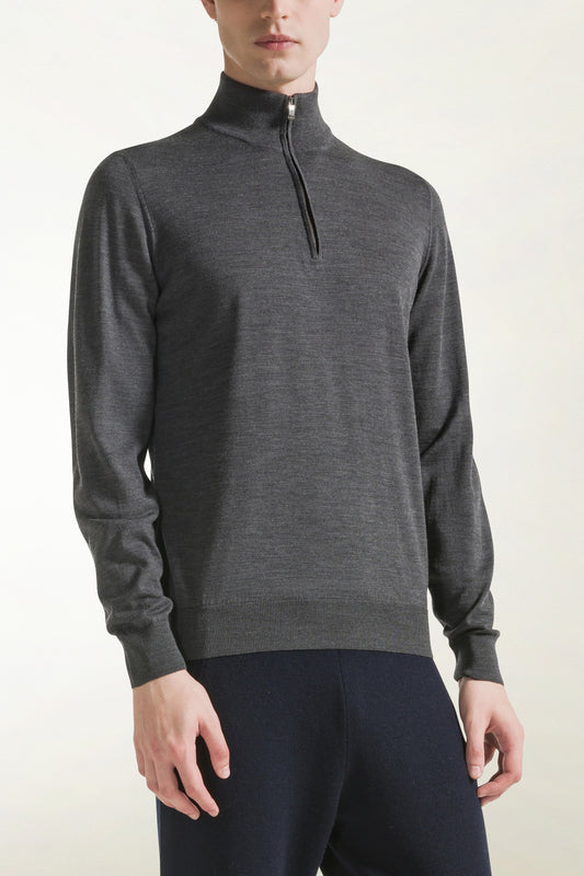 Lightweight zip-up turtleneck sweater in anthracite merino wool - Men's Merino Wool Knitwear | PIACENZA 1733