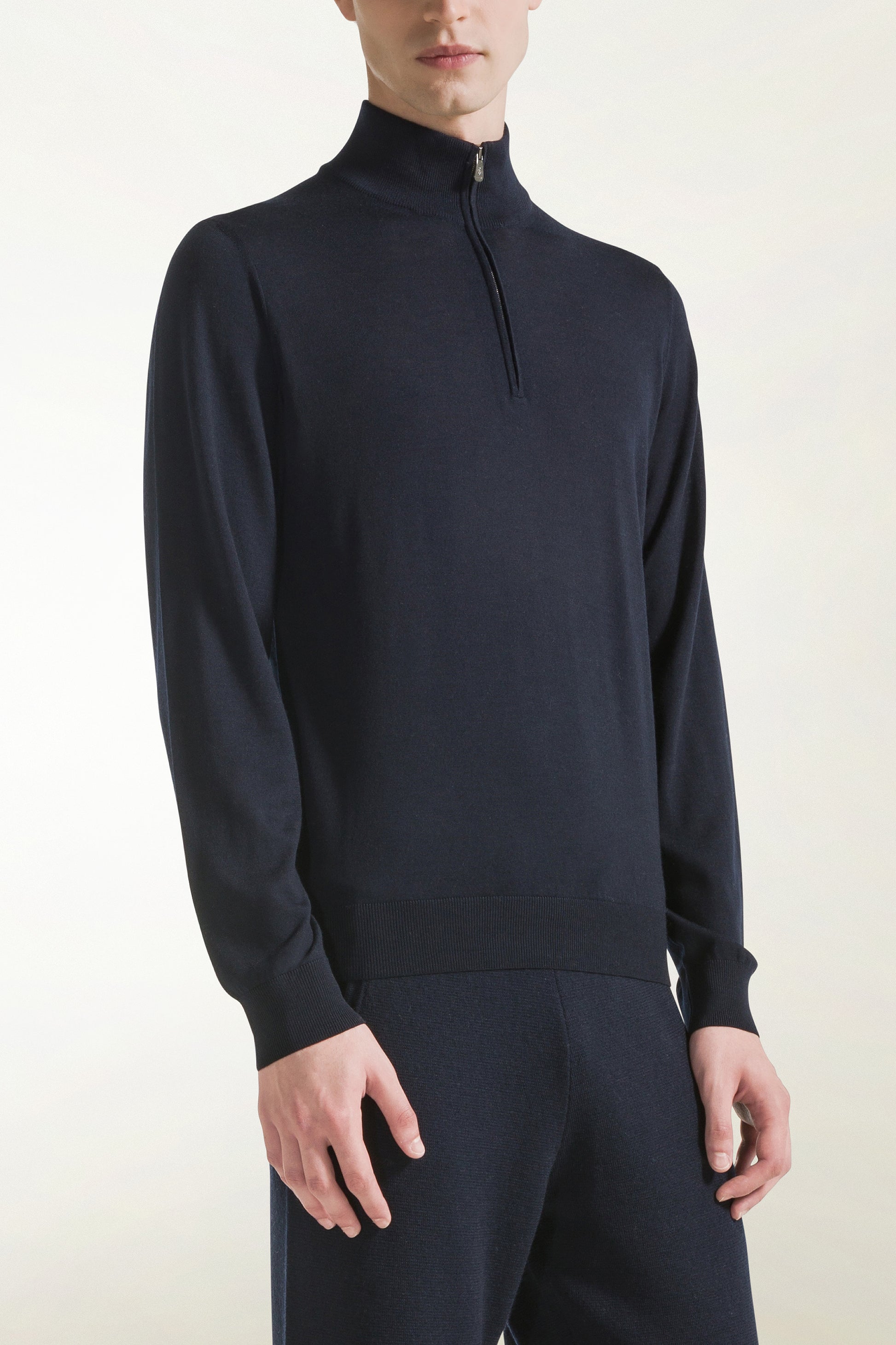 Lightweight zip-up turtleneck sweater in merino wool, blue | PIACENZA 1733
