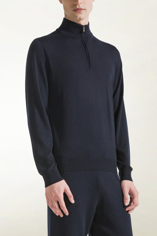 Lightweight zip-up turtleneck sweater in merino wool, blue - Men's Merino Wool Knitwear | PIACENZA 1733