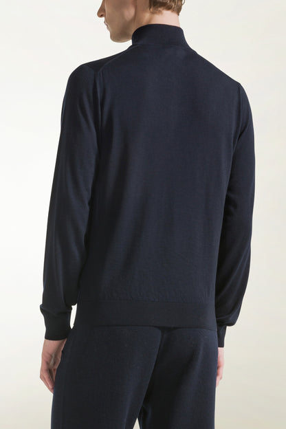 Lightweight zip-up turtleneck sweater in merino wool, blue | PIACENZA 1733