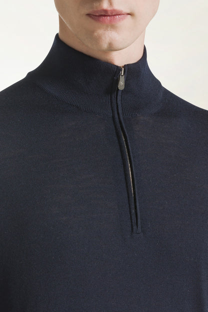Lightweight zip-up turtleneck sweater in merino wool, blue | PIACENZA 1733