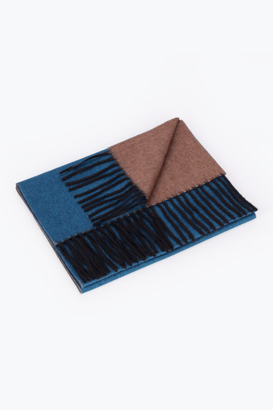Double-faced silk and cashmere scarf in blue and camel - Embroidery | PIACENZA 1733