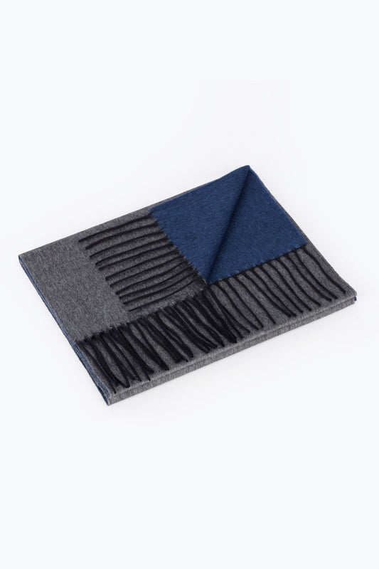 Double scarf in silk and cashmere Anthracite and blue - Embroidery | PIACENZA 1733
