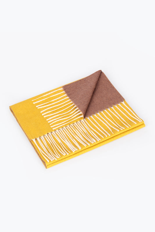 Double-faced silk and cashmere scarf, yellow and camel - Embroidery | PIACENZA 1733