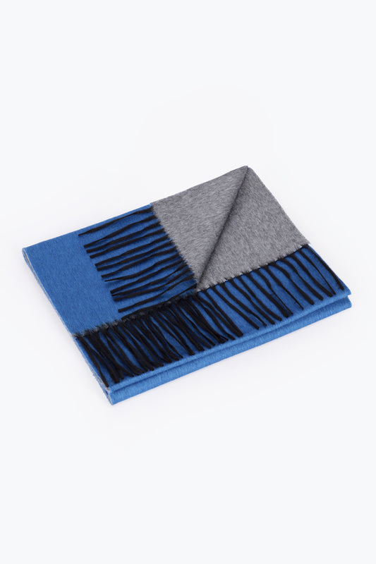 Double-faced silk and cashmere scarf, blue and grey - Embroidery | PIACENZA 1733