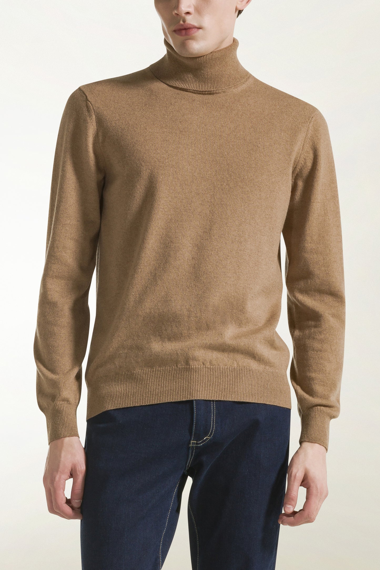 Camel-colored cashmere turtleneck
