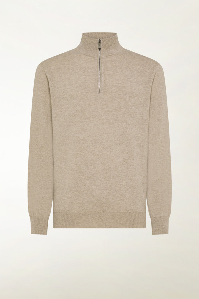 Natural-colored cashmere zip-up turtleneck