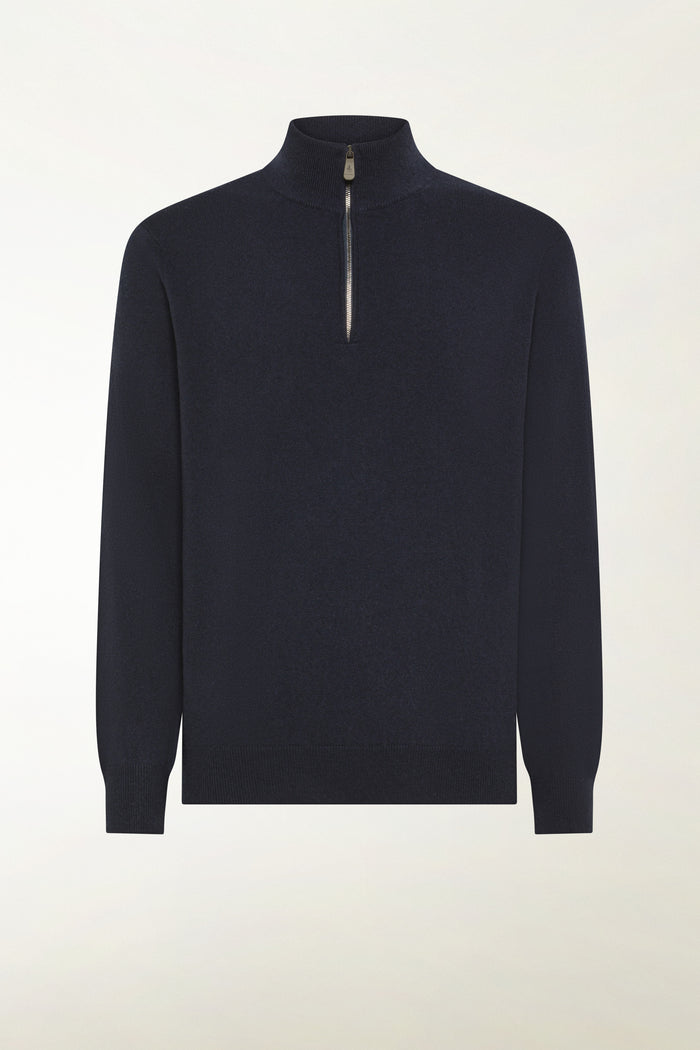 Blue cashmere zip-up turtleneck
