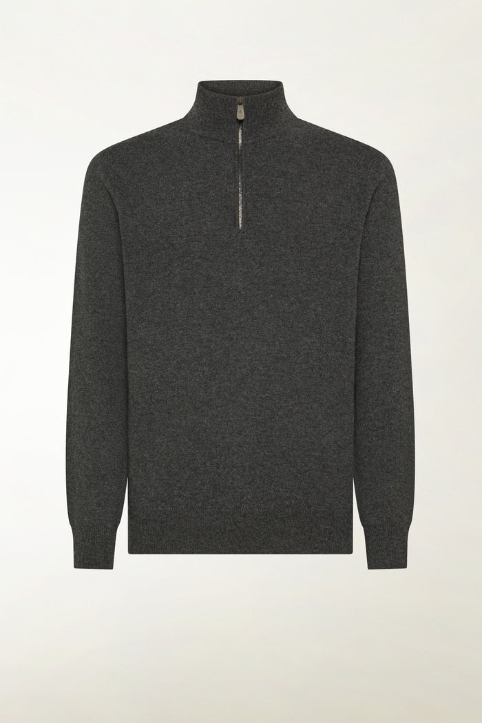 Anthracite-colored cashmere zip-up turtleneck