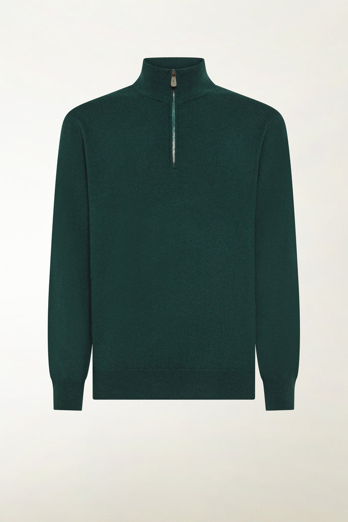 Green cashmere zip-up turtleneck