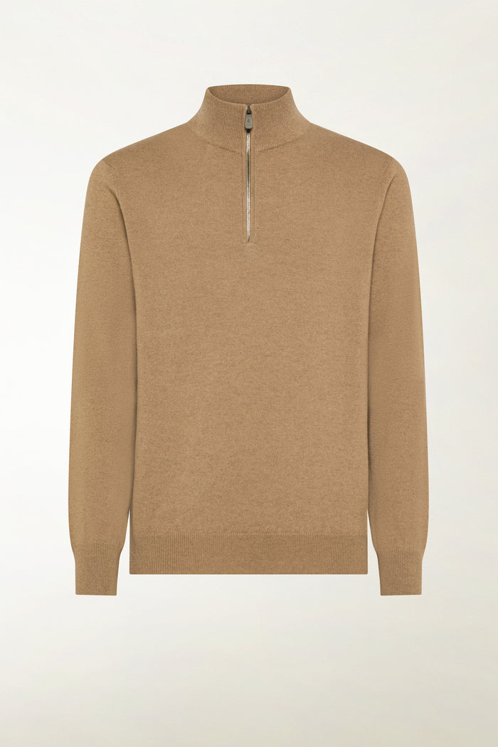 Camel-colored cashmere zip-up turtleneck