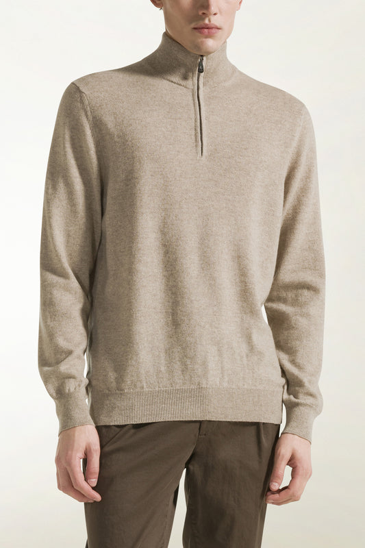 Natural-colored cashmere zip-up turtleneck - Basic Cashmere | PIACENZA 1733