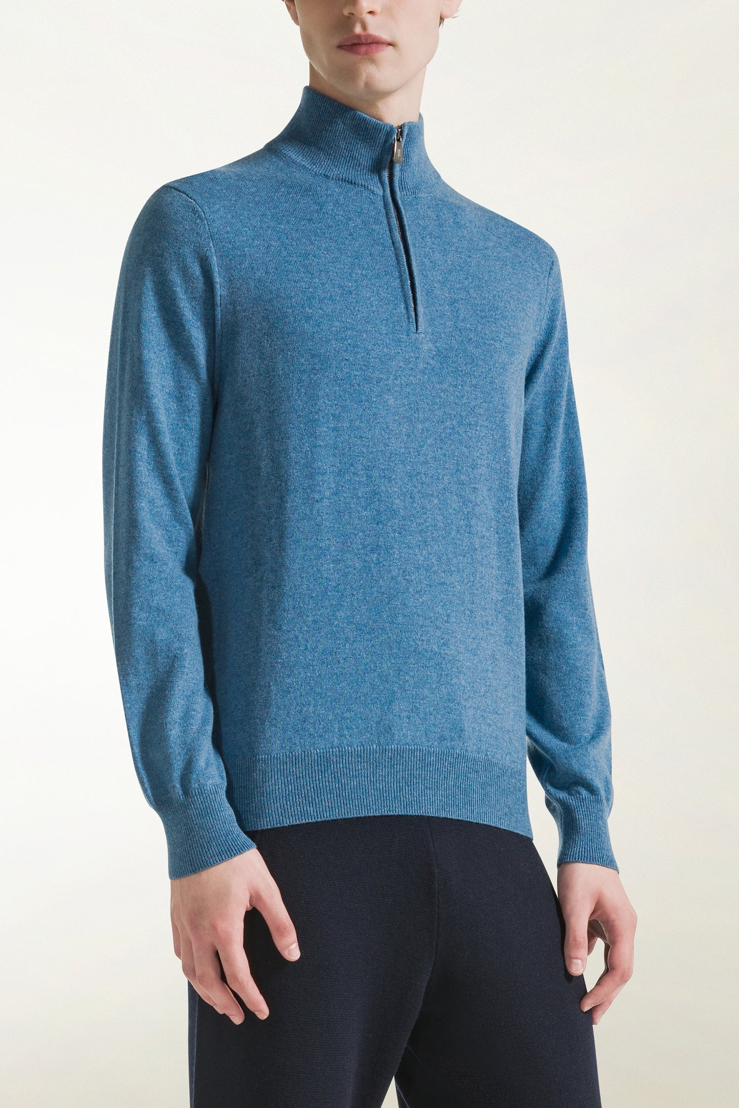 Light blue cashmere zip-up turtleneck