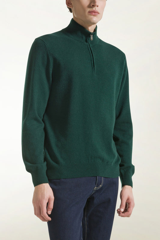 Green cashmere zip-up turtleneck - Basic Cashmere | PIACENZA 1733