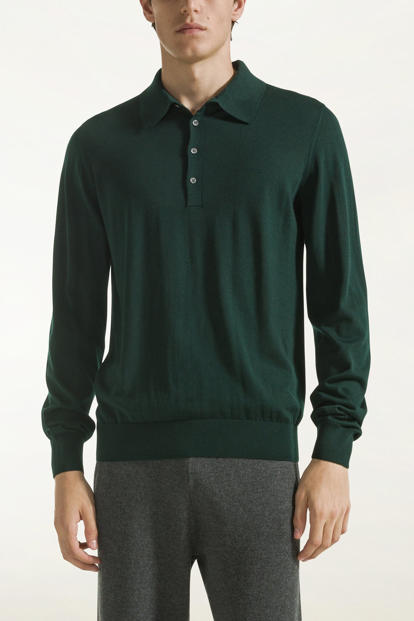 Lightweight dark green merino wool polo shirt