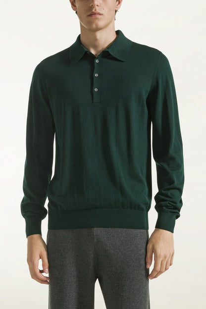 Lightweight dark green merino wool polo shirt | PIACENZA 1733