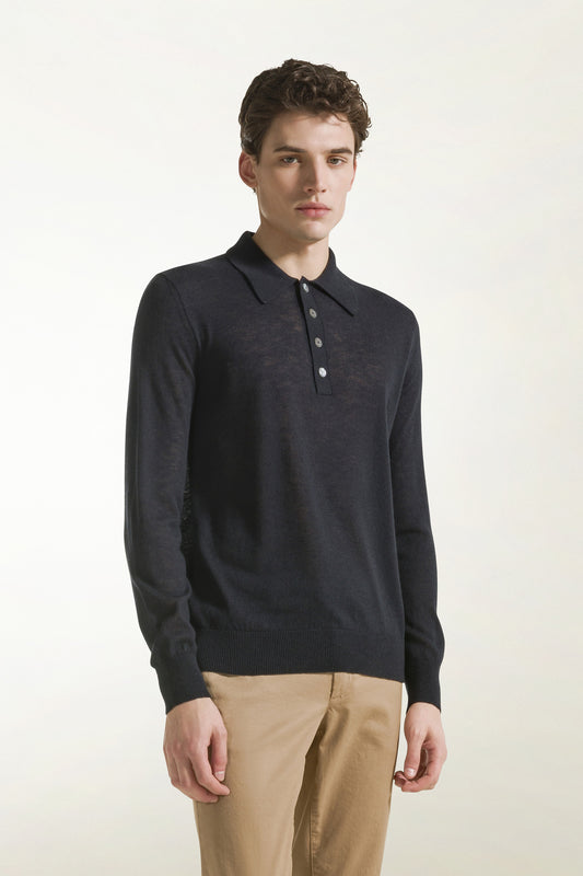 Polo in seta e cotone colore blu scuro