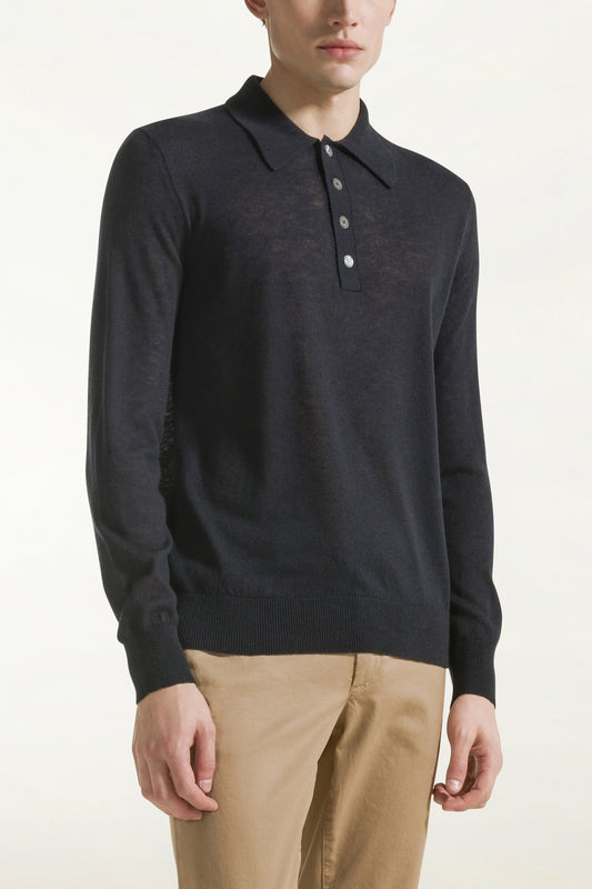 Dark blue silk and cashmere polo shirt - Men's Polo Shirts | PIACENZA 1733