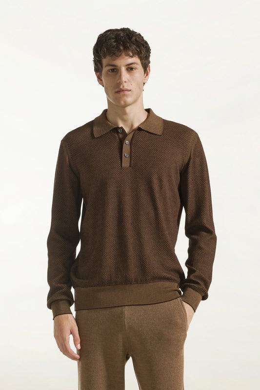Brown and camel wool, silk, and cashmere polo shirt - New Arrivals FW26 | PIACENZA 1733