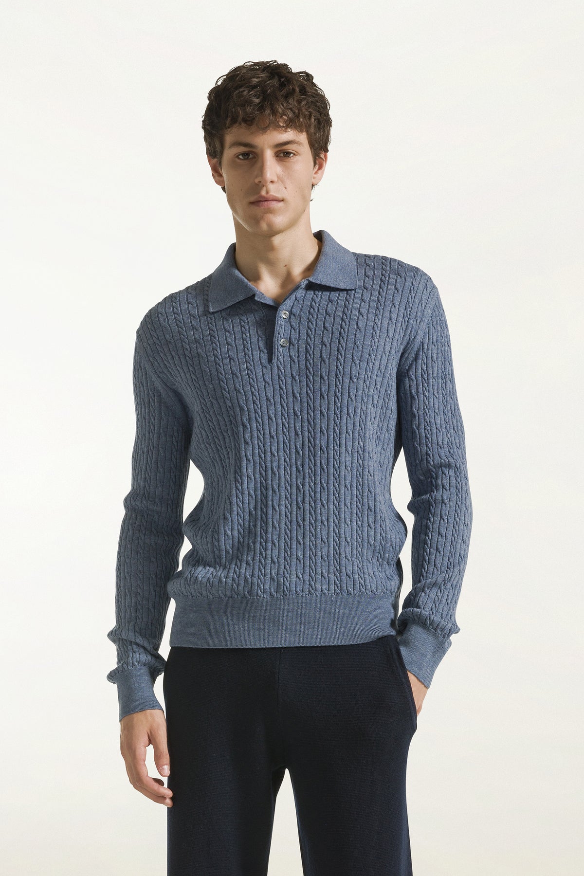 Denim-colored wool, silk, and cashmere polo shirt