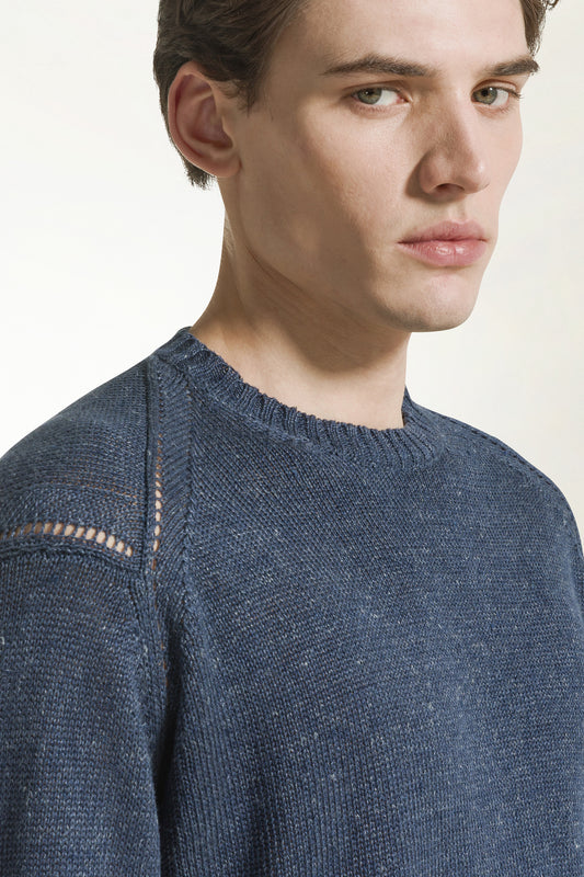 Blue linen and cotton crewneck - Linen Cotton | PIACENZA 1733