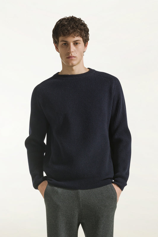 Navy blue wool and cashmere crew neck - Men's Crewneck | PIACENZA 1733